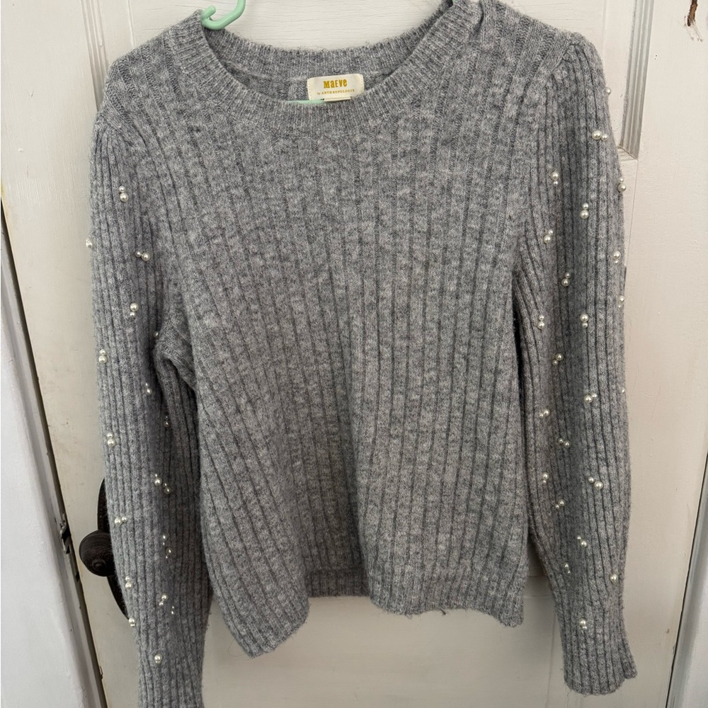 Anthropologie Gray Ribbed Sweater with Pearl Details